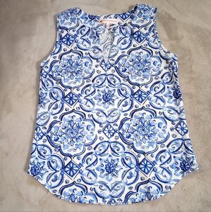 Women's Jude Connally Chinoiserie Style Blue & White Sleeveless Top S